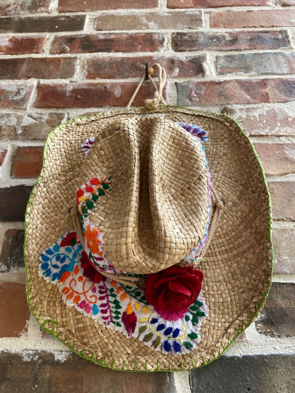 Gaudy Chic Straw Cowboy Hat embellished with Mexican dress Embroidery - Picture 10 of 15